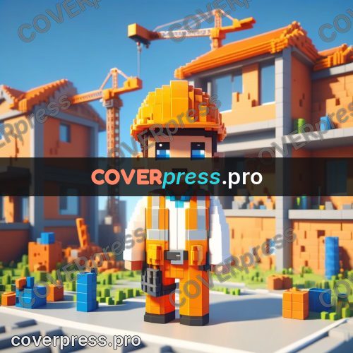Voxel illustration: builder in an orange helmet
