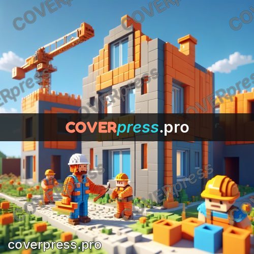 Voxel illustration: builder in an orange helmet