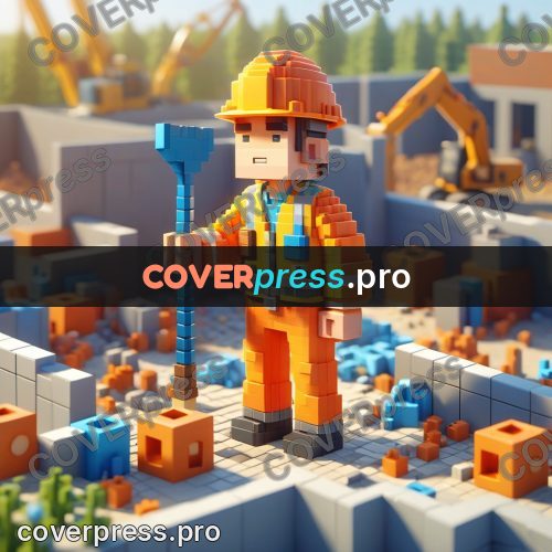 Voxel illustration: builder in an orange helmet