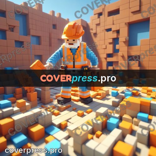 Voxel illustration: builder in an orange helmet