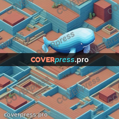 3d pixel artwork: blue whale among low buildings