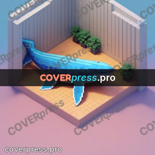 3d pixel artwork: blue whale among low buildings