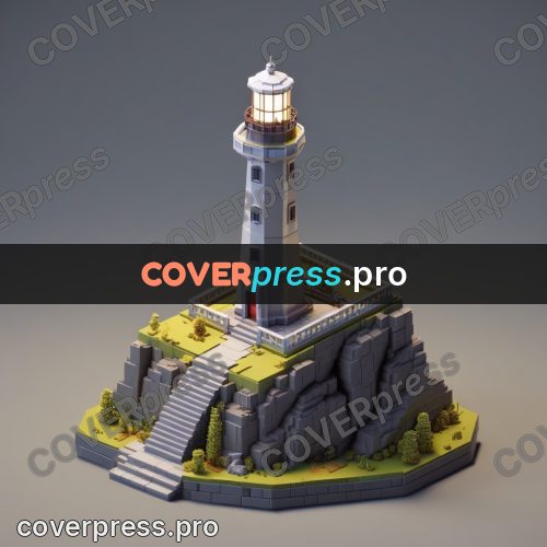 3d pixel artwork: lighthouse on a rocky island