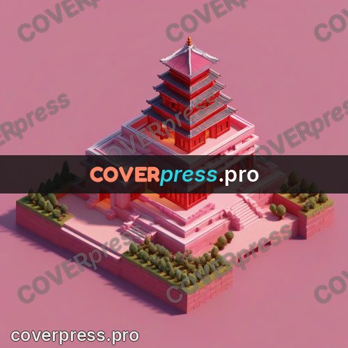 3d pixel artwork: pagoda with a red roof