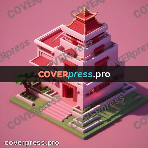 3d pixel artwork: pagoda with a red roof