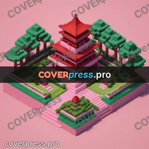 3d pixel artwork: pagoda with a red roof