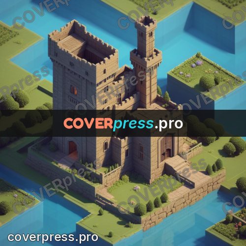 3d pixel artwork: stone castle with towers