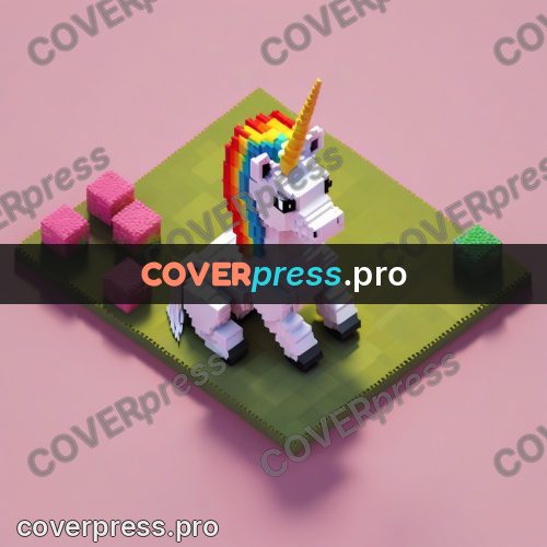 3d pixel artwork: white unicorn with a rainbow mane