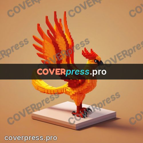3d pixel artwork: fiery bird with raised wings