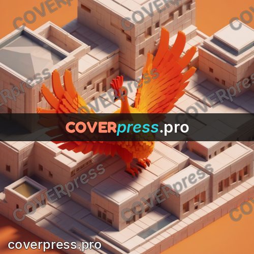 3d pixel artwork: fiery bird with raised wings