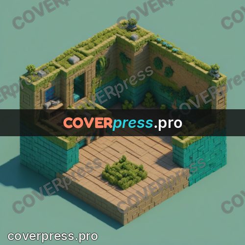 3d pixel artwork: building with greenery on the roofs