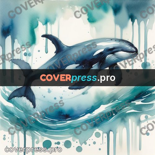 Watercolor illustration: whale in turquoise waves
