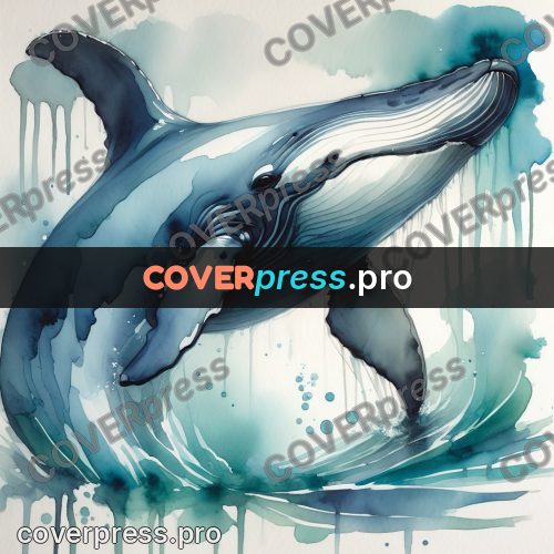 Watercolor illustration: whale in turquoise waves