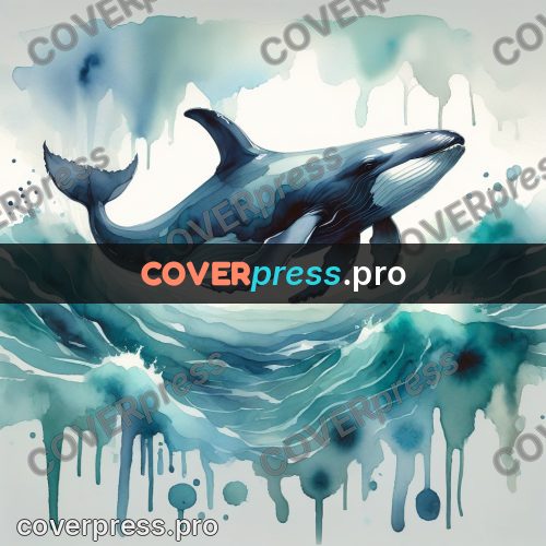 Watercolor illustration: whale in turquoise waves