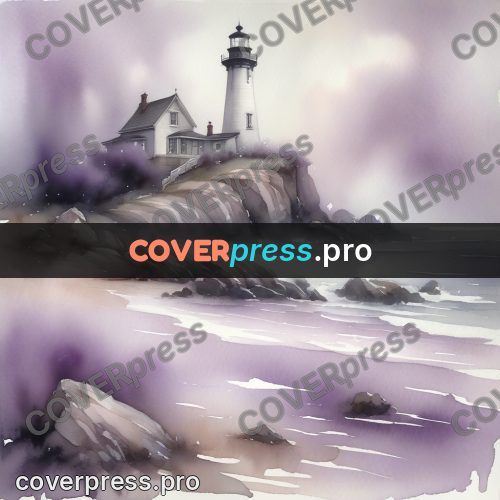 Watercolor illustration: lighthouse on a rocky shore