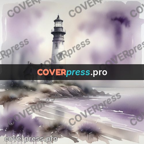 Watercolor illustration: lighthouse on a rocky shore