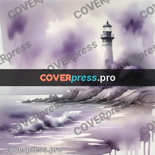 Watercolor illustration: lighthouse on a rocky shore