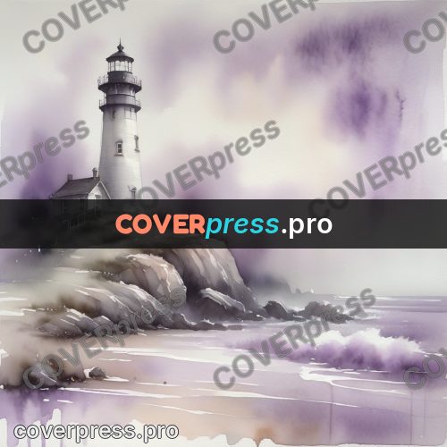 Watercolor illustration: lighthouse on a rocky shore