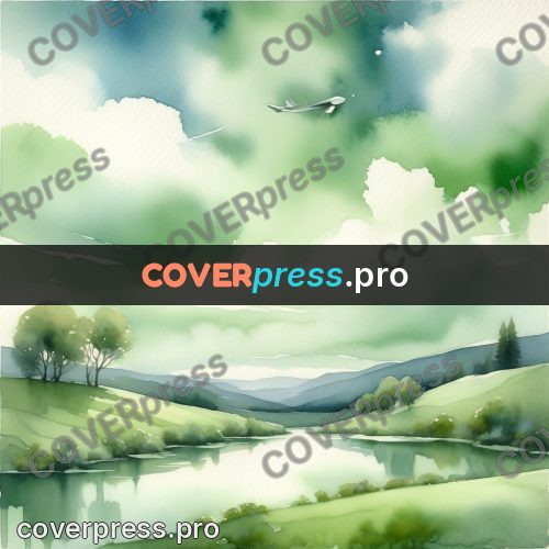 Watercolor illustration: green hills above a river