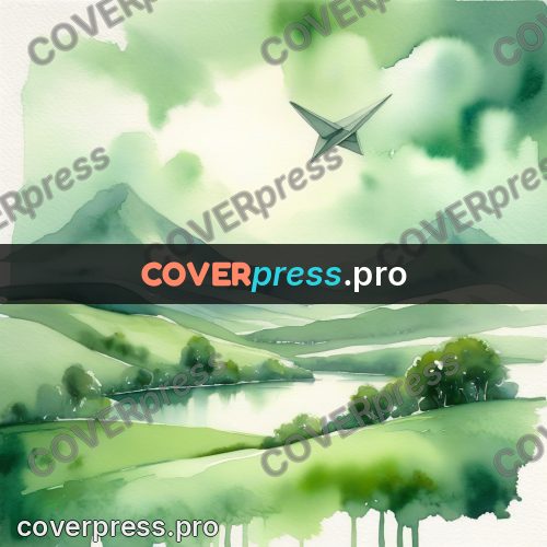 Watercolor illustration: green hills above a river