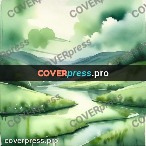 Watercolor illustration: green hills above a river
