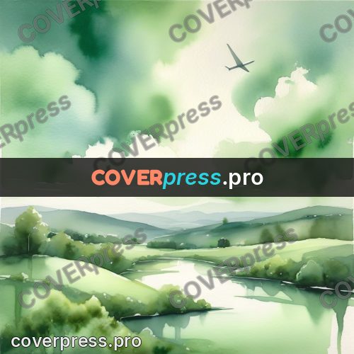 Watercolor illustration: green hills above a river