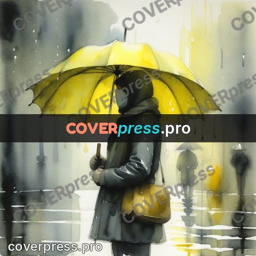 Watercolor illustration: yellow umbrella in the rain