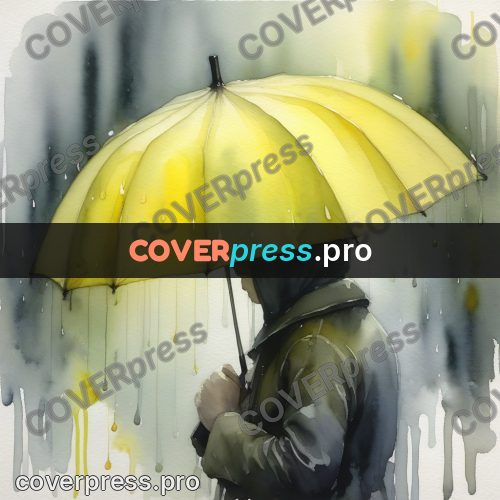 Watercolor illustration: yellow umbrella in the rain