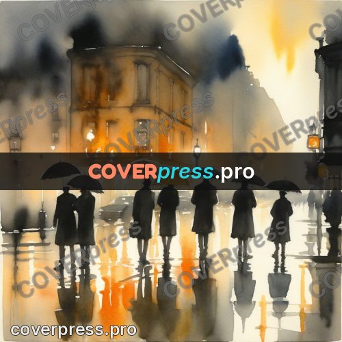 Watercolor illustration: umbrellas on a wet street