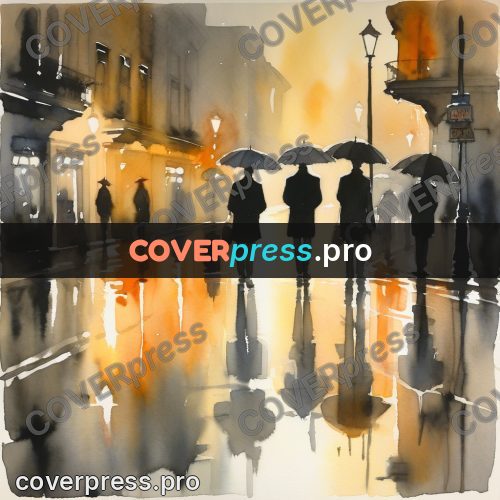 Watercolor illustration: umbrellas on a wet street