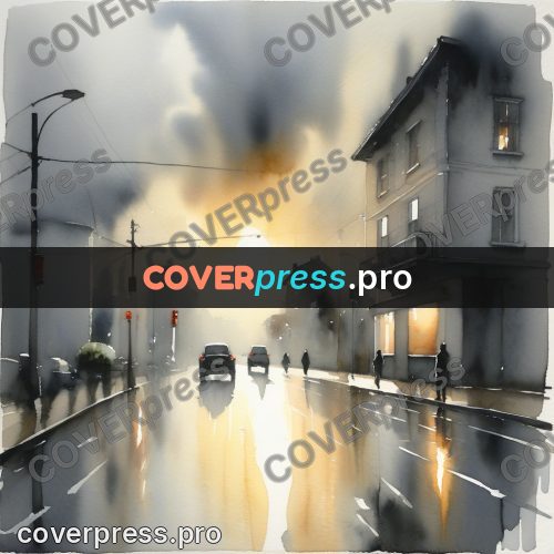 Watercolor illustration: wet street with cars