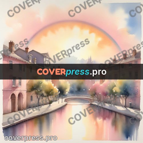 Watercolor illustration: town by the water at sunset