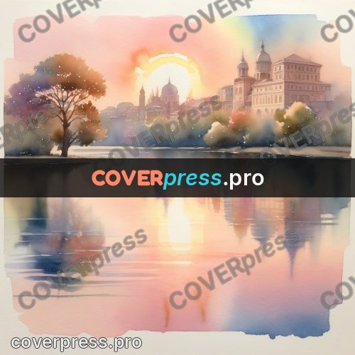 Watercolor illustration: town by the water at sunset