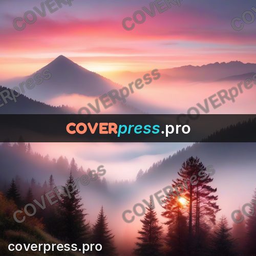 Watercolor illustration: mountains in pink mist