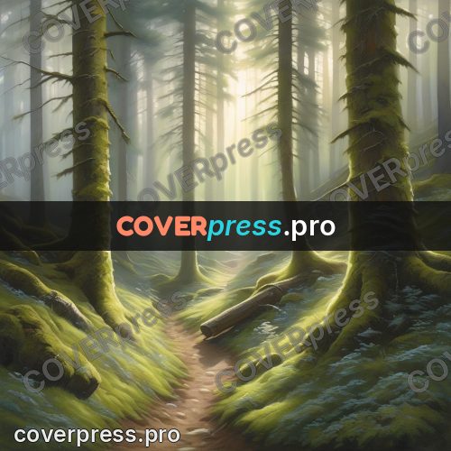 Watercolor illustration: path in a mossy forest