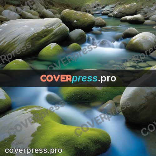 Watercolor illustration: stream between mossy stones