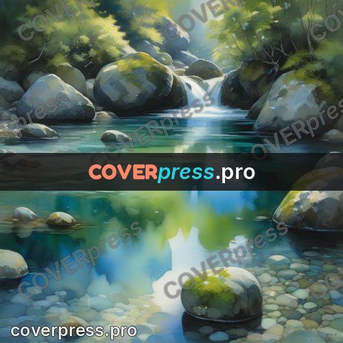 Watercolor illustration: stream between mossy stones