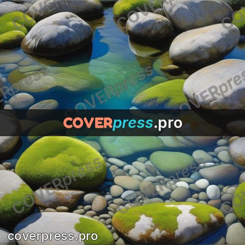 Watercolor illustration: stream between mossy stones