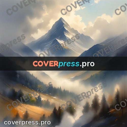 Watercolor illustration: mountain peak in the clouds