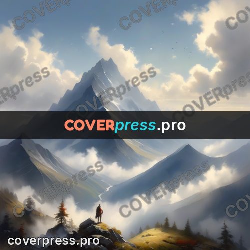 Watercolor illustration: mountain peak in the clouds