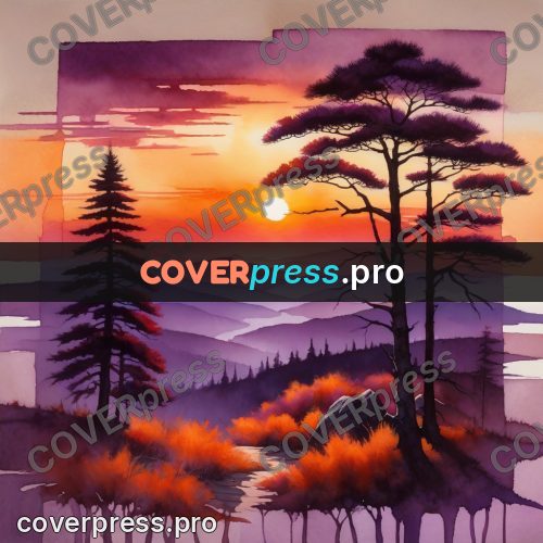 Watercolor illustration: pines against a lilac sunset