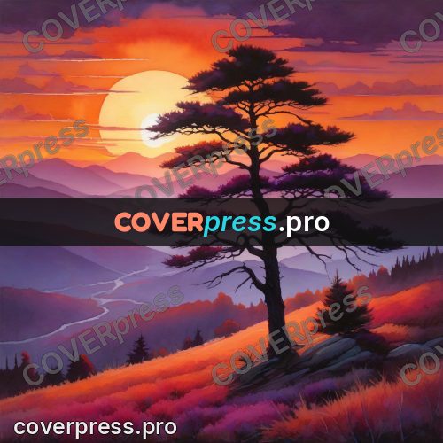 Watercolor illustration: pines against a lilac sunset