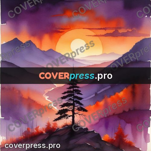 Watercolor illustration: pines against a lilac sunset