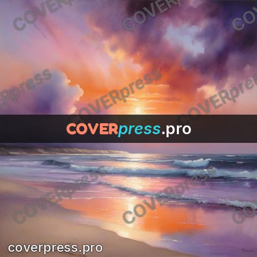 Watercolor illustration: sunset over the sea shore