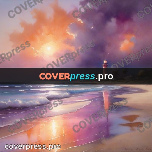 Watercolor illustration: sunset over the sea shore