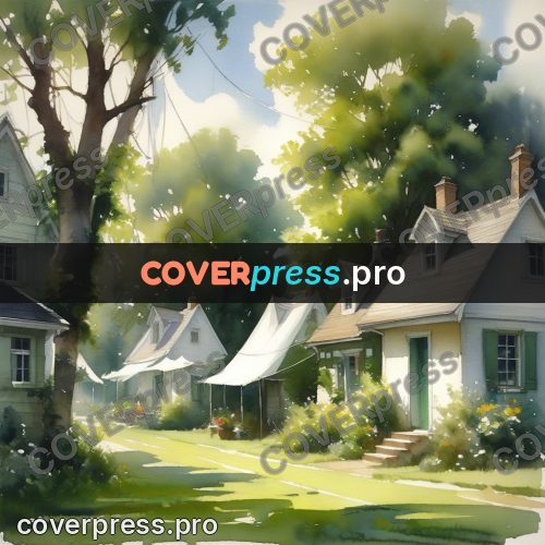 Watercolor illustration: houses under tall trees