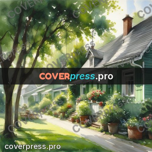 Watercolor illustration: houses under tall trees