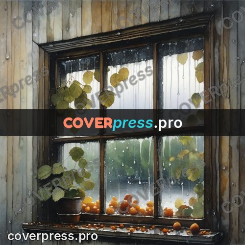 Watercolor illustration: window covered in raindrops
