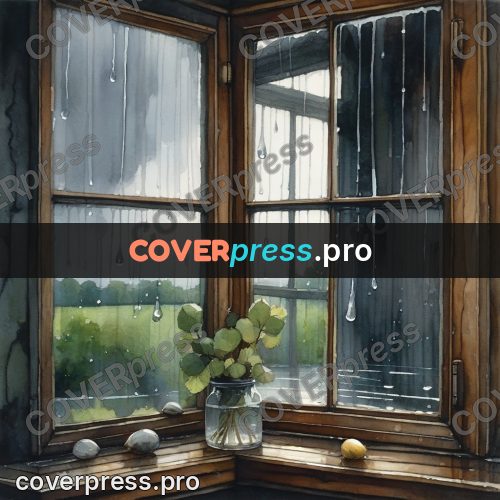 Watercolor illustration: window covered in raindrops