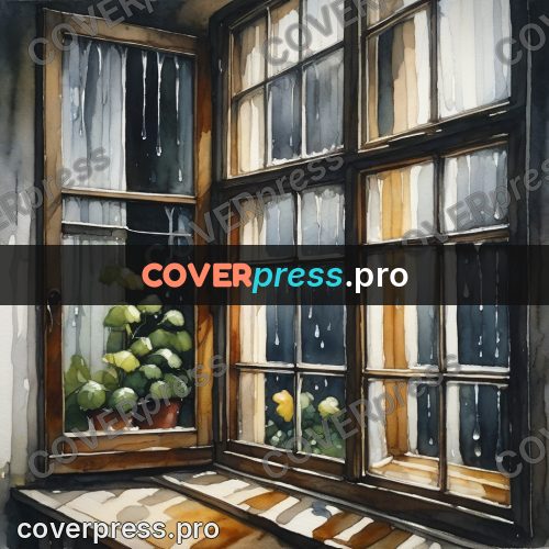 Watercolor illustration: window covered in raindrops